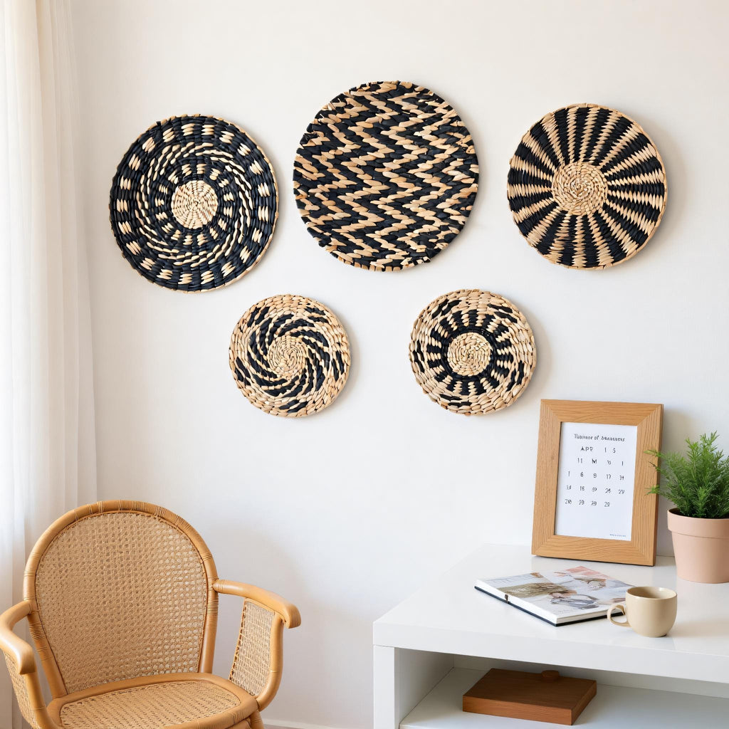 a cozy corner of a room with a white wall, a woven chair, a wooden table, and a framed calendar.
