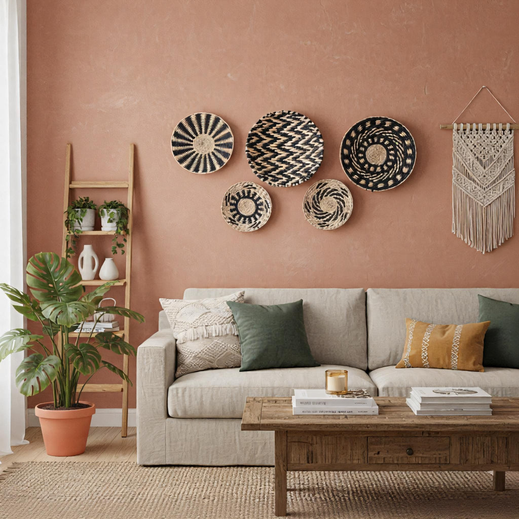 a cozy living room with a beige sofa, a wooden coffee table, and a ladder against the wall. Above the sofa, there are six decorative plates with a zigzag pattern and a woven basket. The room also features a potted plant, a hanging wall decoration, and a bookshelf.