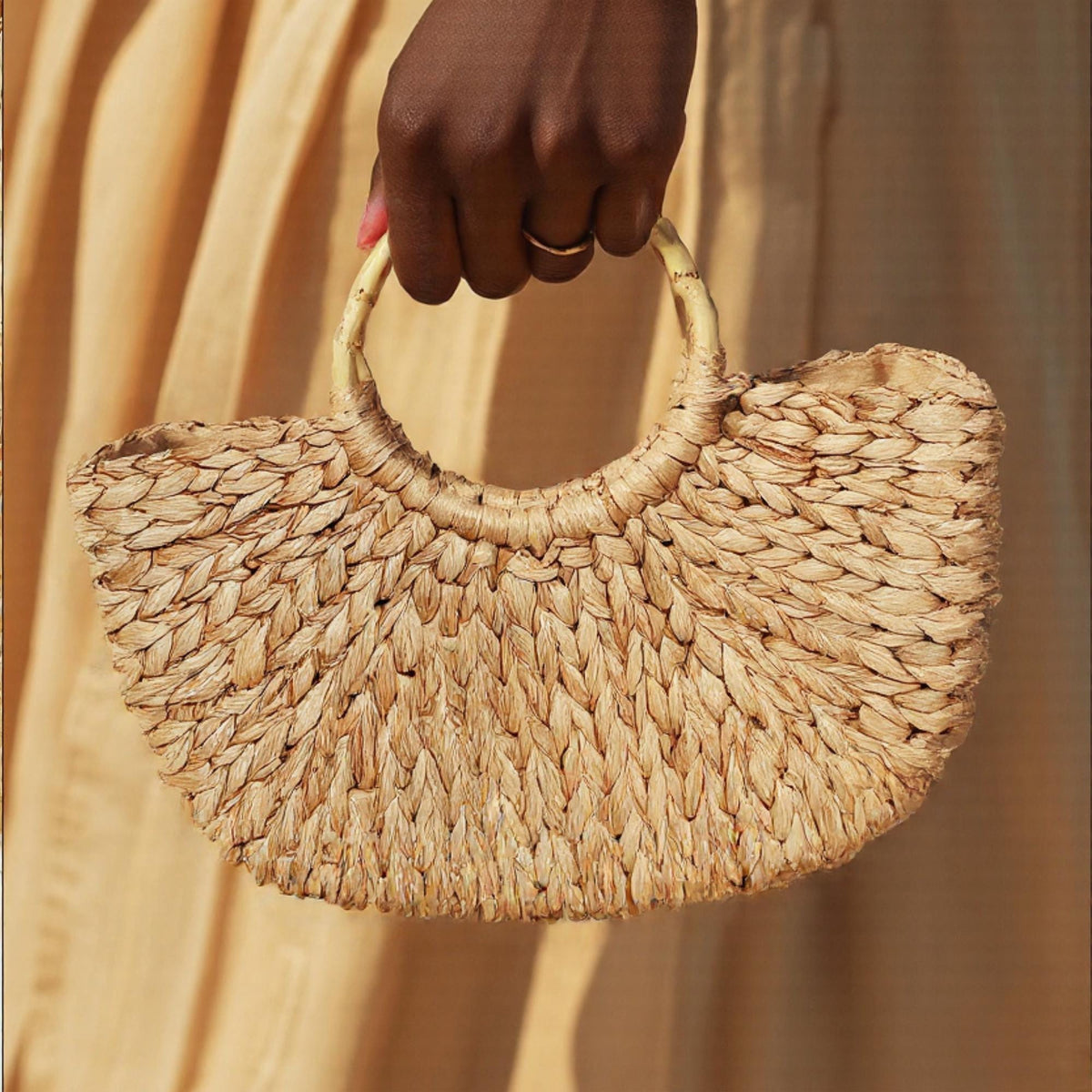 Handwoven Straw Tote: Natural Boho Beach Bag with Bamboo Handles