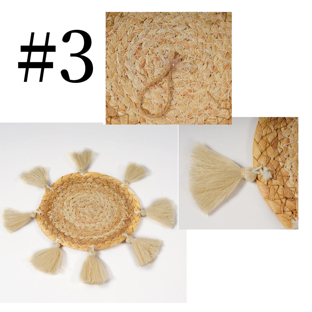 The image is a collage of three photos depicting a straw mat with tassels, a straw mat with a tassel, and a straw mat with a tassel.