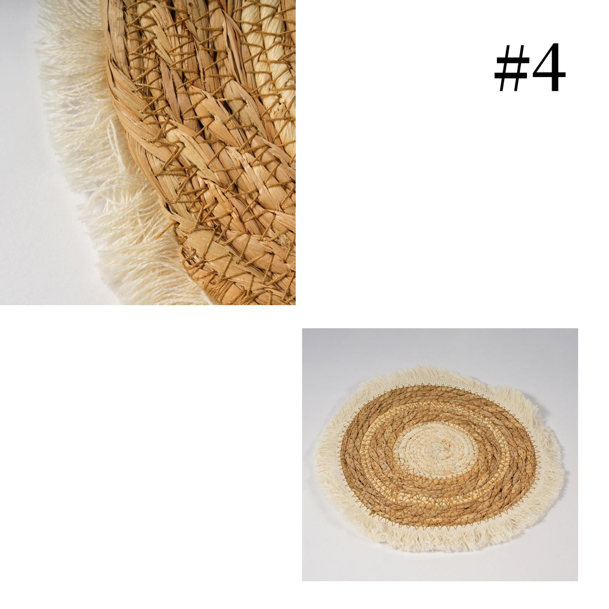 The image is a collage of three separate images. The top image shows a close-up of a woven straw mat with fringed edges. The middle image features a round woven mat with a fringed edge. The bottom image shows a close-up of a round woven mat with fringed edges.