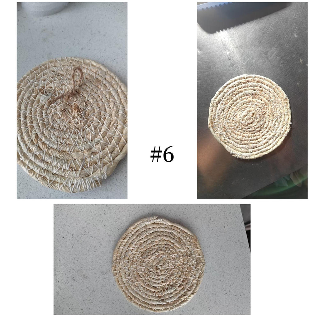 The image is a collage of three photos showing the progress of creating a woven coaster. The first photo shows a completed coaster, the second photo shows a partially completed coaster, and the third photo shows a coaster that is still in the process of being woven.