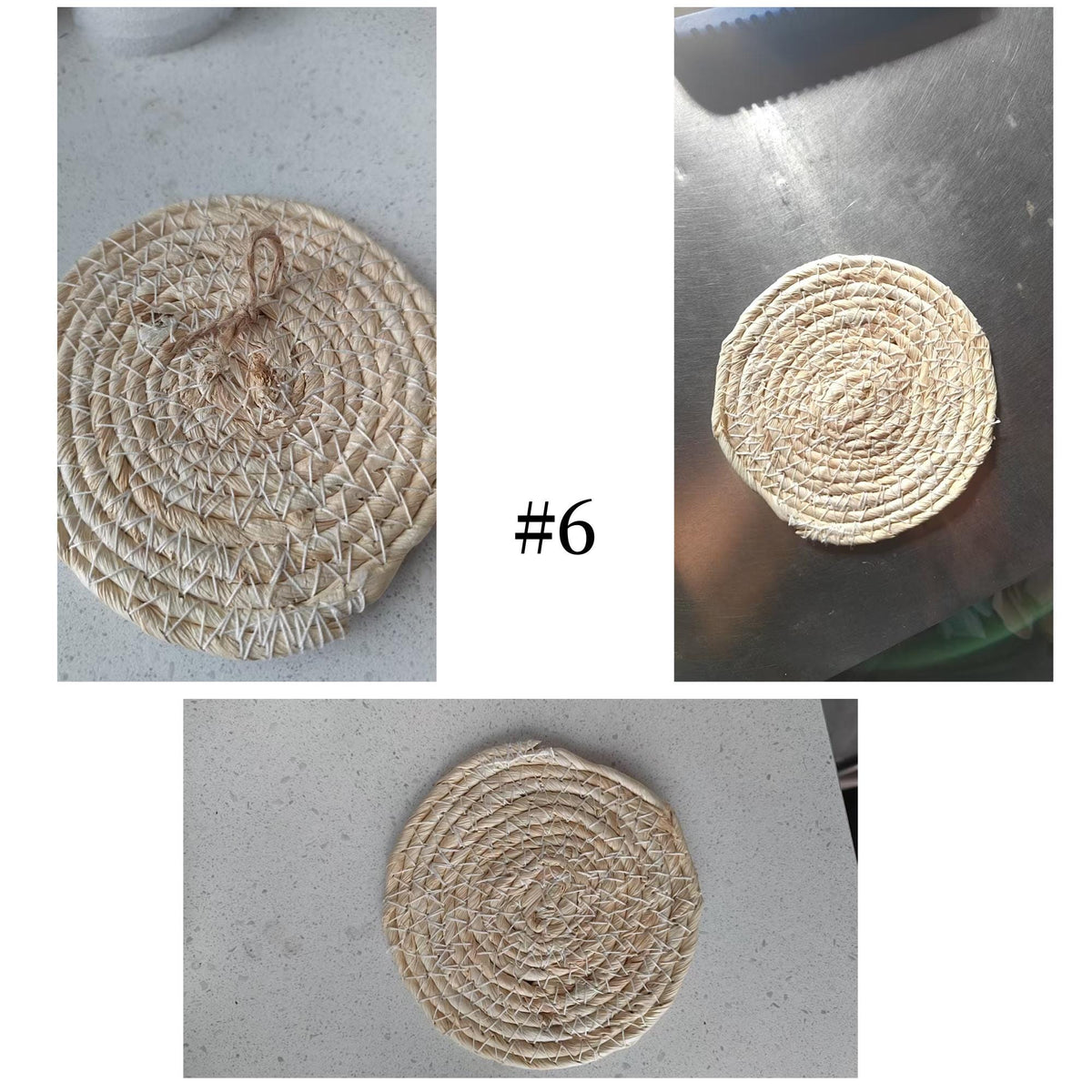 The image is a collage of three photos showing the progress of creating a woven coaster. The first photo shows a completed coaster, the second photo shows a partially completed coaster, and the third photo shows a coaster that is still in the process of being woven.
