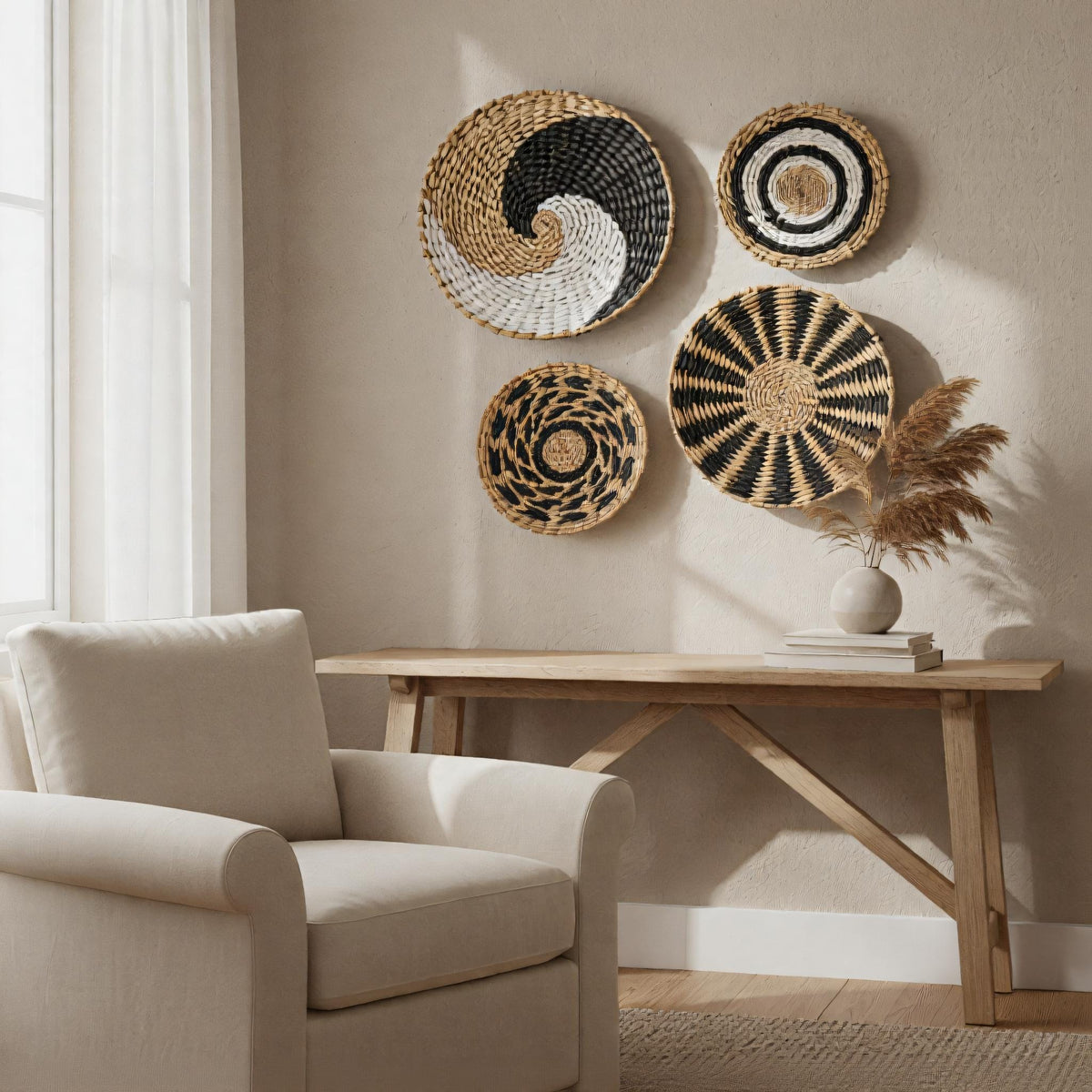 a cozy living room with a beige armchair, a wooden side table, and a decorative arrangement of woven baskets on the wall.