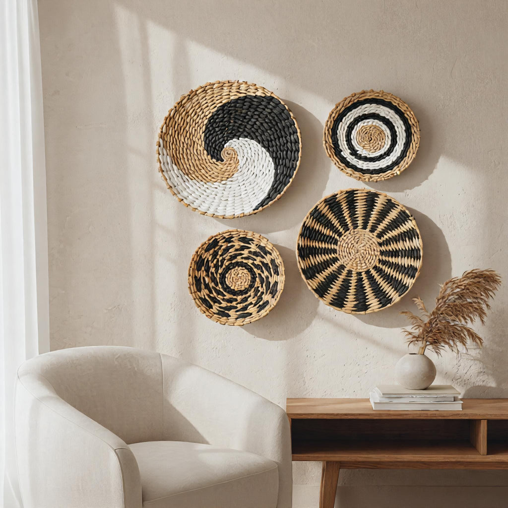 a cozy living room with a white armchair, a wooden side table, and four decorative woven baskets hanging on the wall.