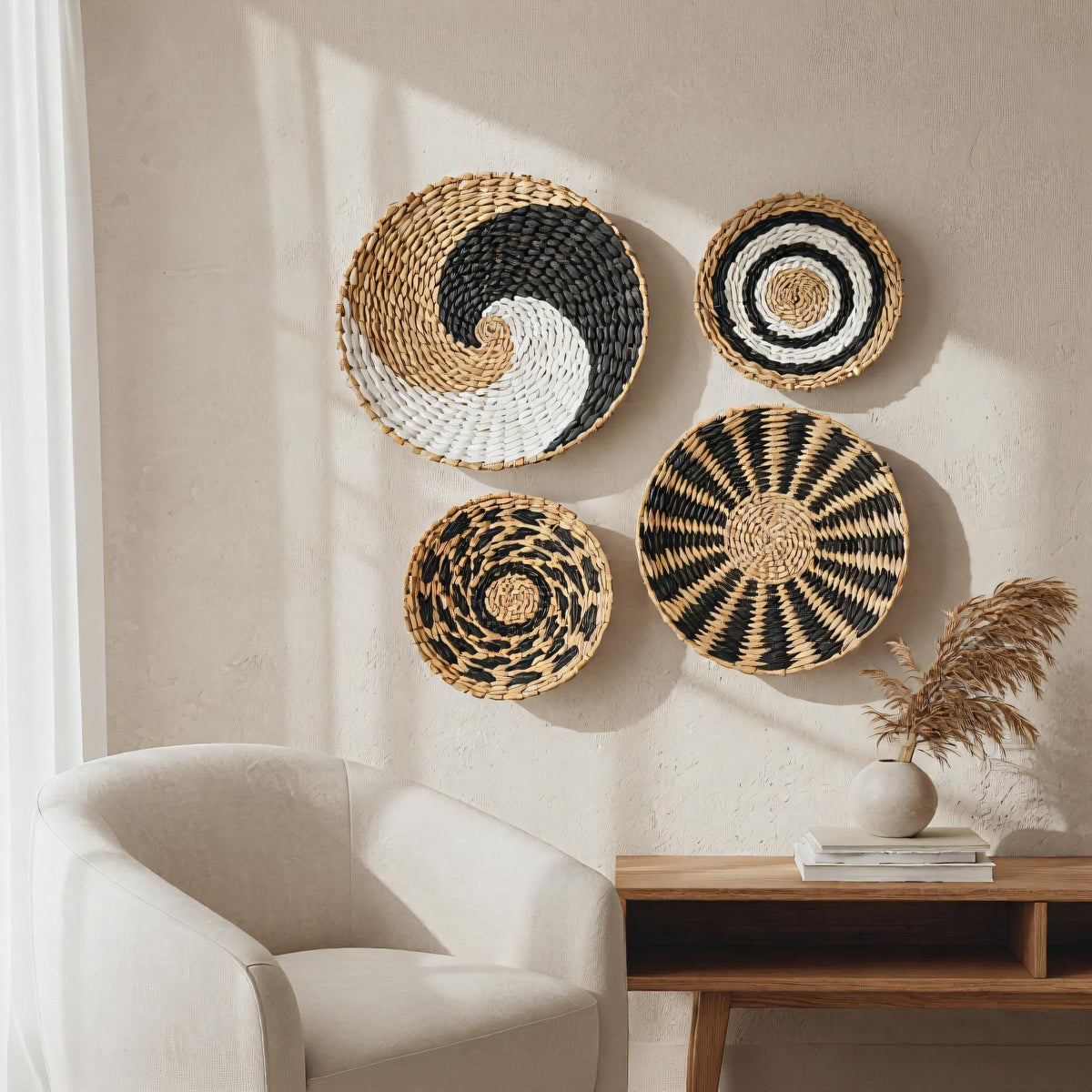 a cozy living room with a white armchair, a wooden side table, and four decorative woven baskets hanging on the wall.