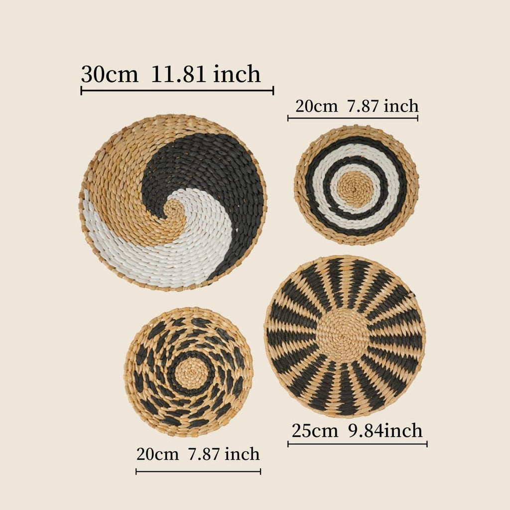 four woven baskets or plates with different designs and sizes, each labeled with their respective measurements.