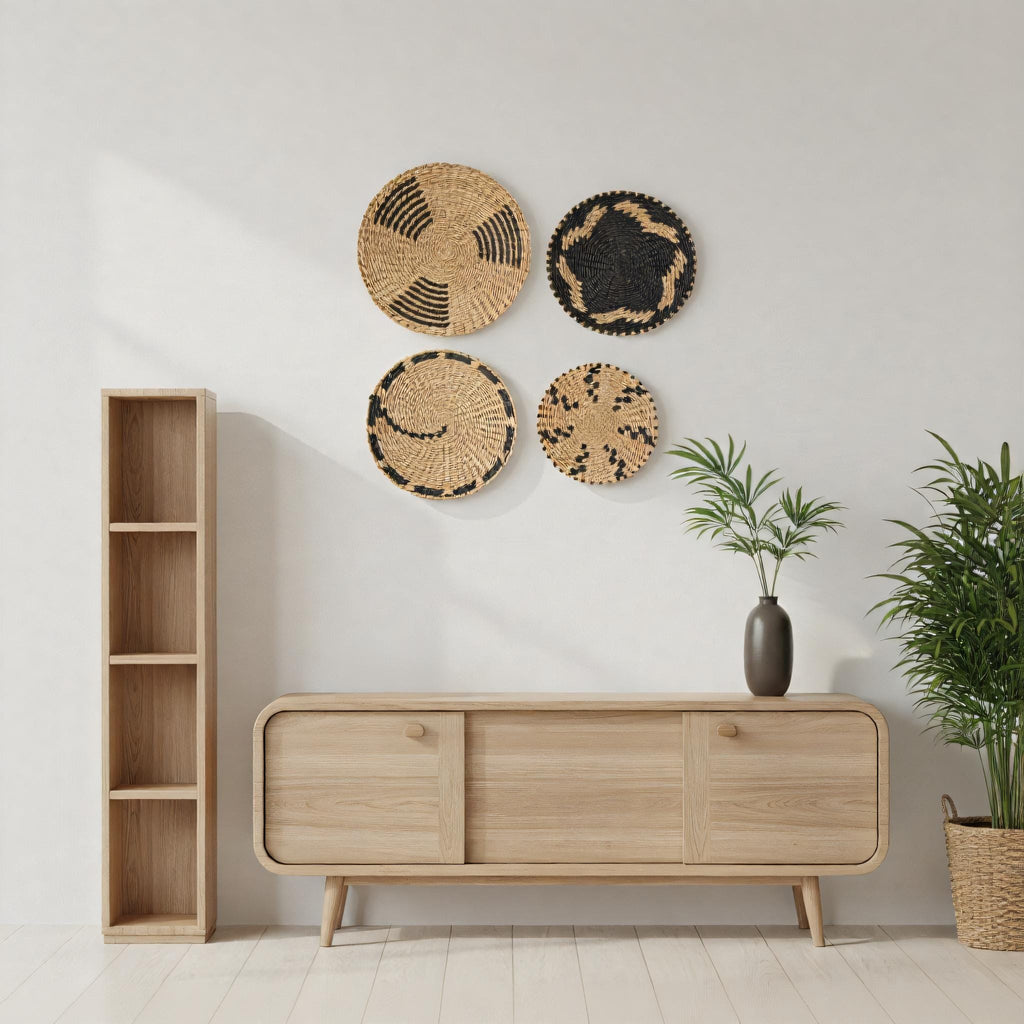 a minimalist interior design with a wooden cabinet, a tall bookshelf, and a potted plant. The cabinet has three drawers, and the tall bookshelf has four shelves. The potted plant is placed on the floor next to the cabinet. The wall behind the furniture displays four decorative plates or baskets, adding a decorative element to the space.
