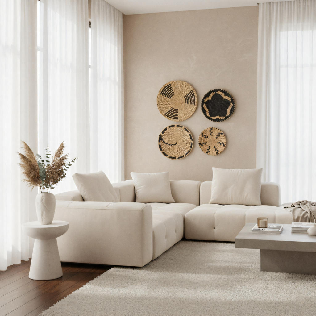 a modern living room with a large white sectional sofa, a coffee table, and decorative wall art.