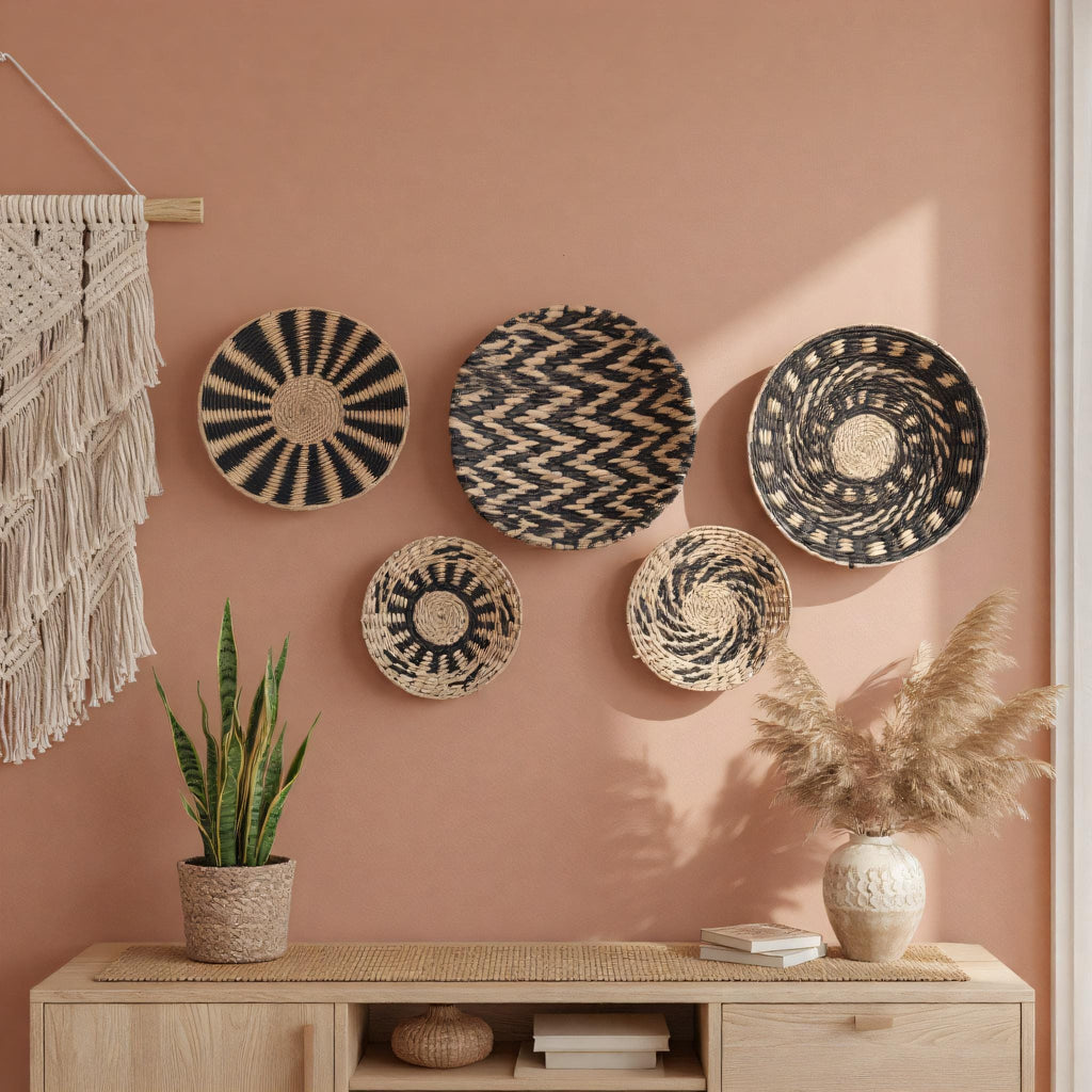 a wall adorned with a collection of decorative items, including woven baskets and a potted plant, creating a visually appealing and harmonious display.
