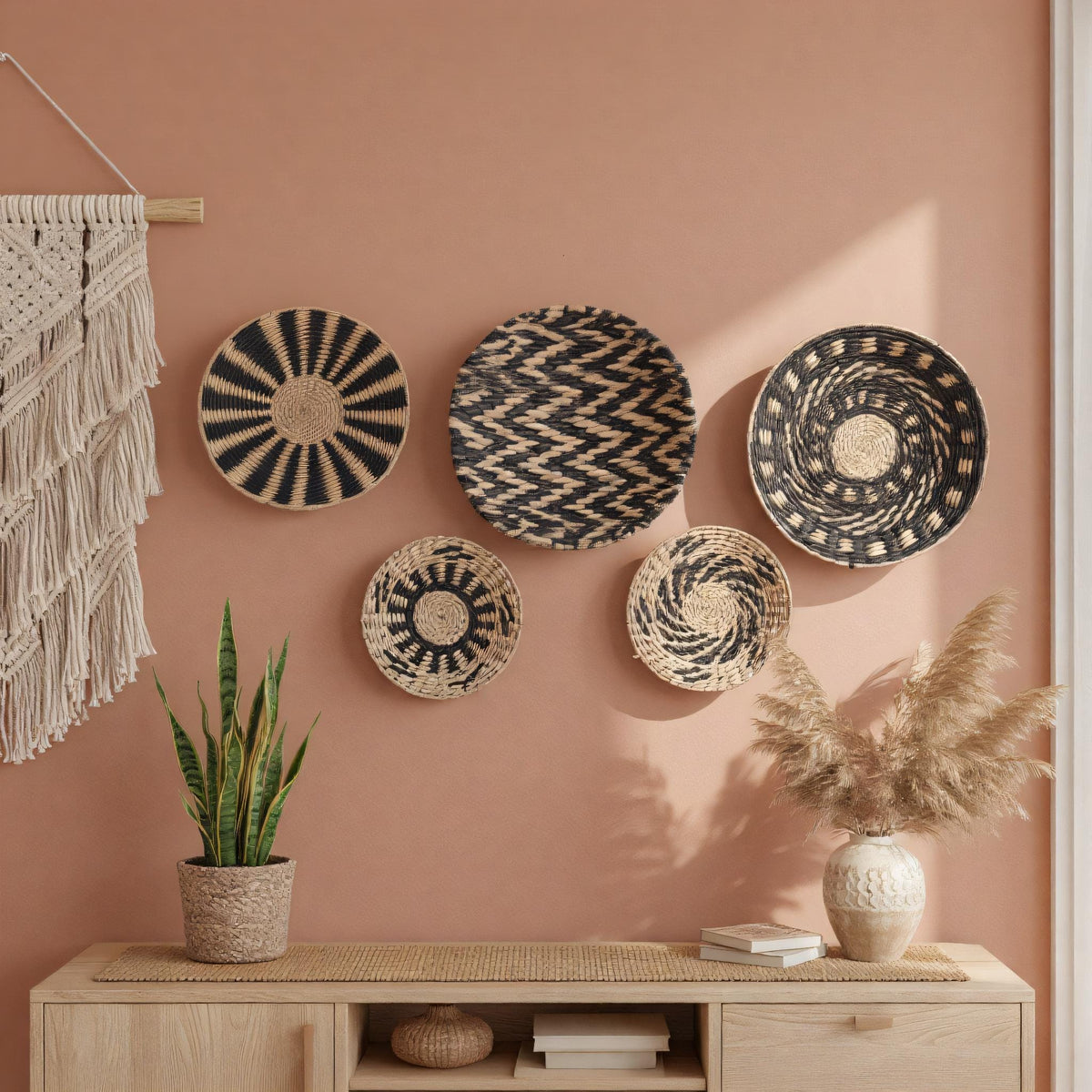 a wall adorned with a collection of decorative items, including woven baskets and a potted plant, creating a visually appealing and harmonious display.