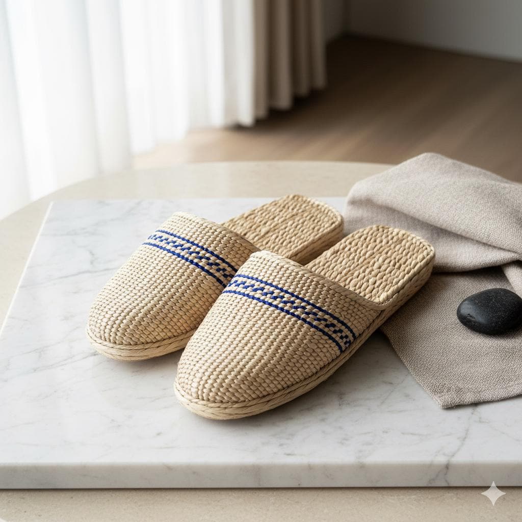 A pair of beige woven slippers with blue stripes, placed on a white marble surface, with a beige towel and a black stone nearby.