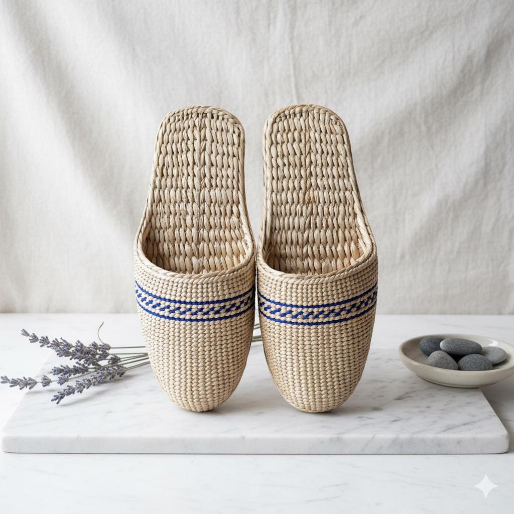 two beige woven slippers with a blue stripe, placed on a white marble surface. There is a small bowl of rocks and some lavender flowers nearby.