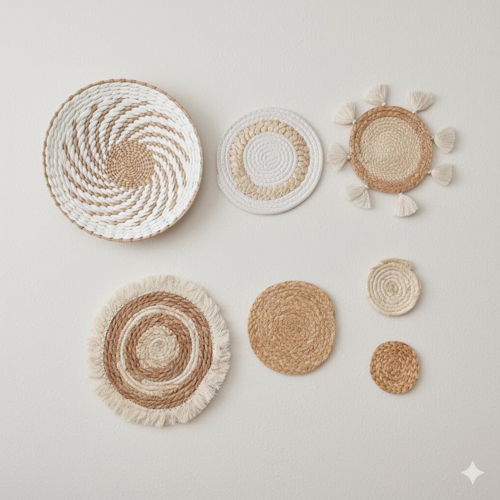a collection of woven baskets and coasters arranged on a white background.