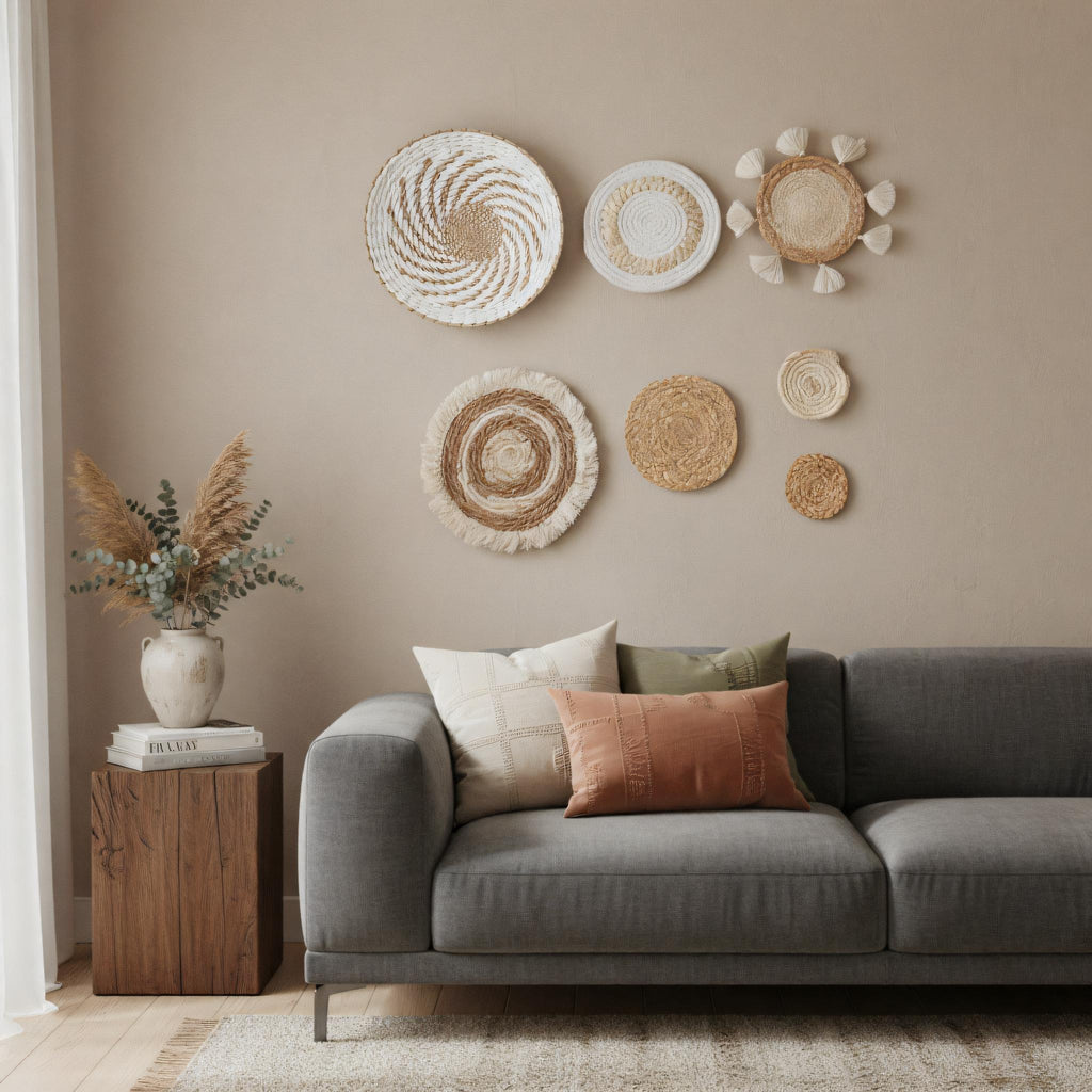 a cozy living room with a gray sofa adorned with throw pillows, a wooden side table, and a vase of greenery. The walls are decorated with various woven baskets and plates, creating a warm and inviting atmosphere.