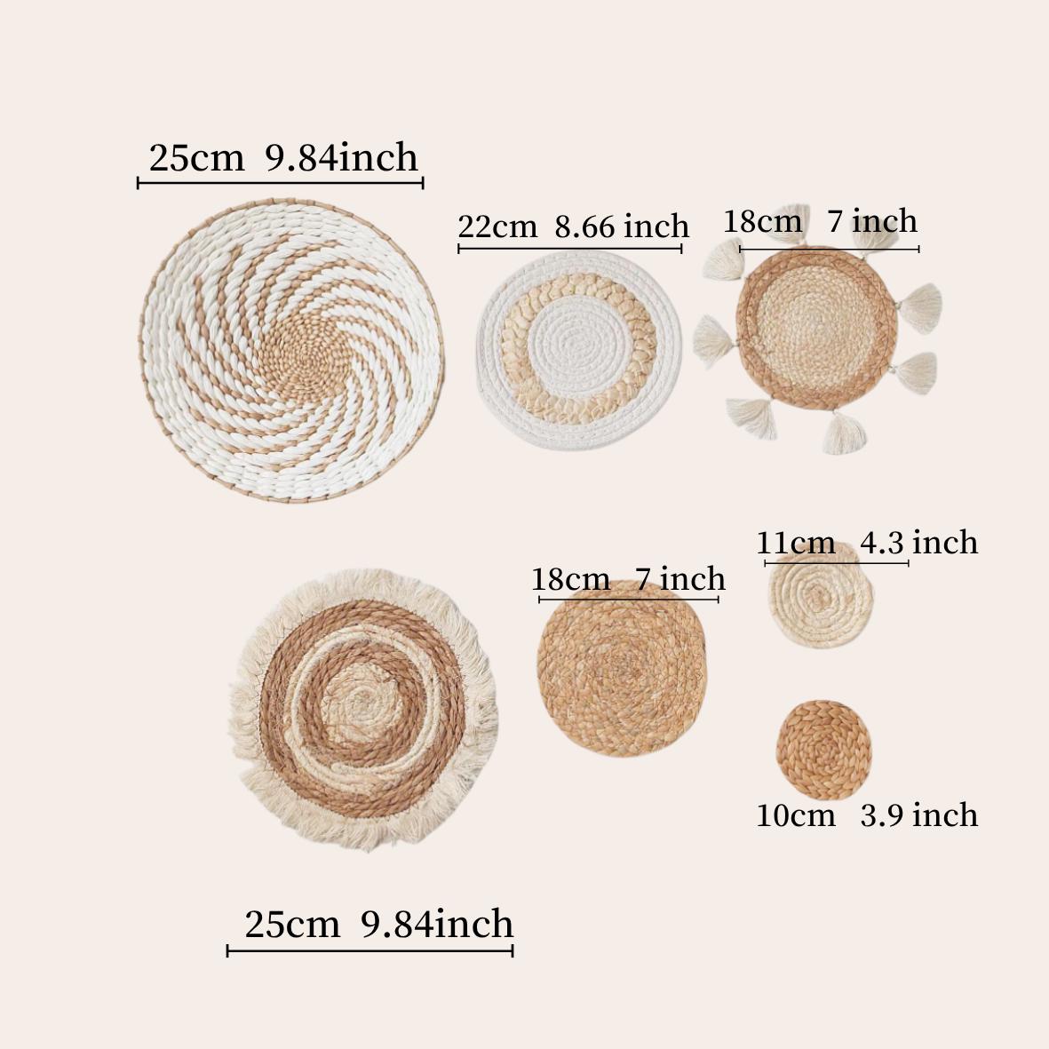 various sizes of woven baskets and rugs, each with a different size and shape, along with their corresponding measurements.