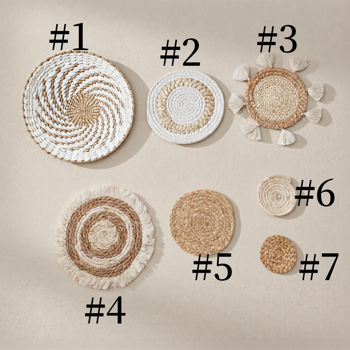 a collection of woven baskets and coasters, each with a unique design and color, arranged in a grid-like pattern.