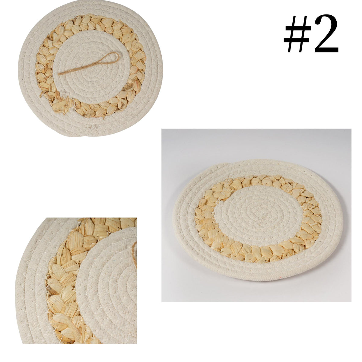 three different views of a woven mat or coaster with a circular design. The mat has a white base and a circular pattern of small, circular objects in a beige color. The mat appears to be made of a natural material, possibly straw or reed.