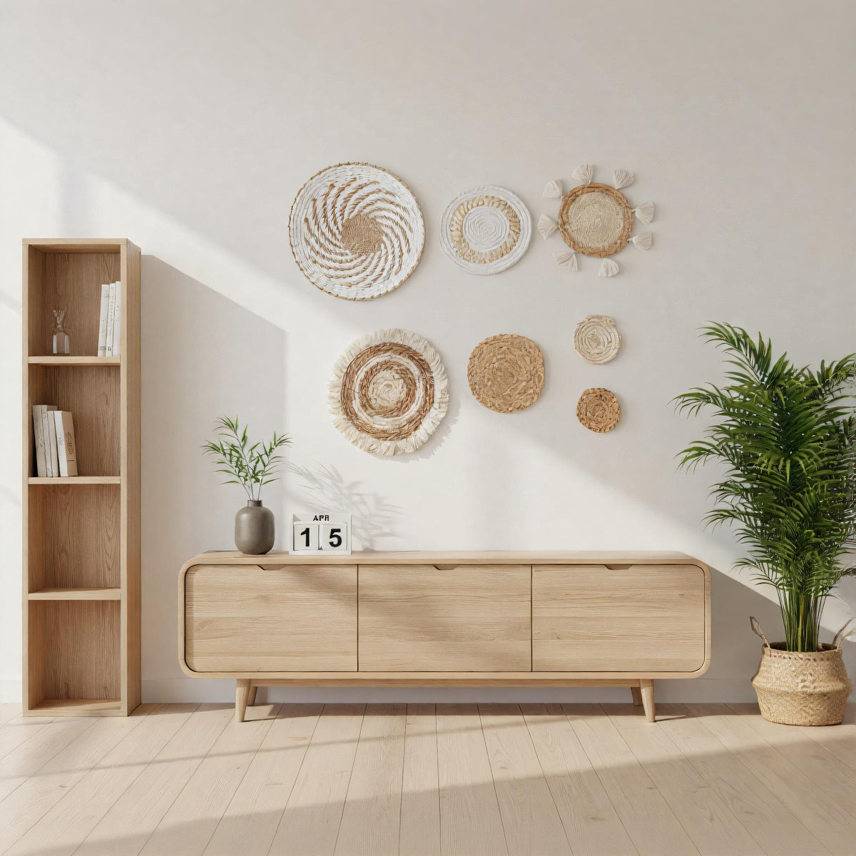 a minimalist living room with a wooden entertainment center, a bookshelf, and a potted plant. The walls are adorned with decorative wall hangings, and the room has a clean, uncluttered appearance.