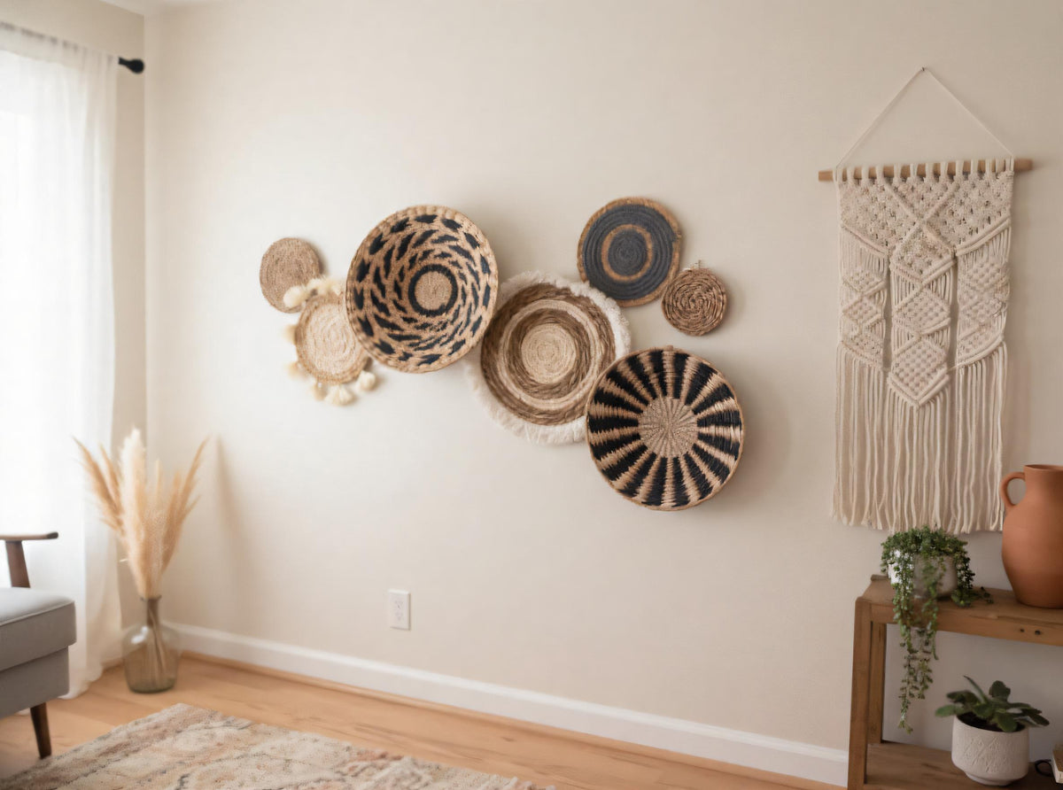 a living room with a variety of decorative elements, including woven baskets and a macrame wall hanging.