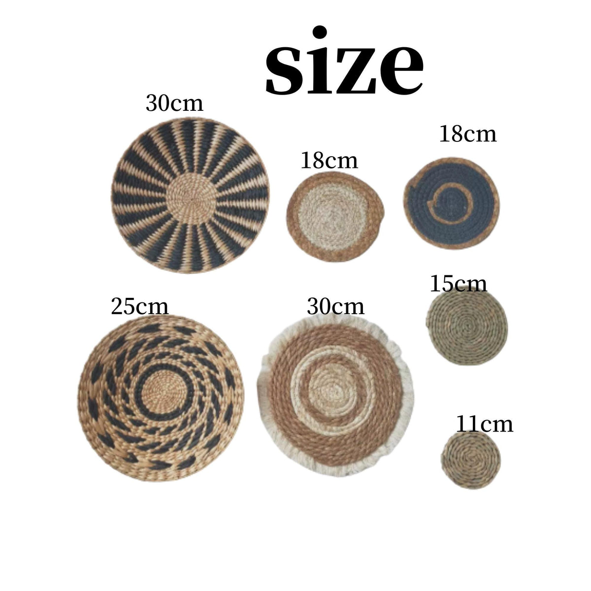 a collection of various woven baskets and coasters, each with a different size indicated in centimeters.