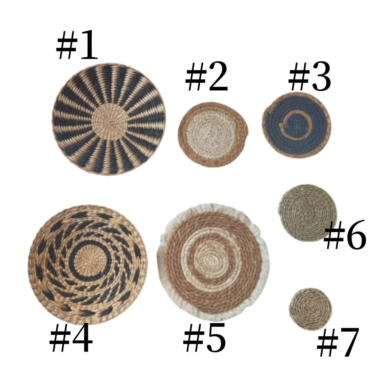 a collection of nine woven baskets or mats, each with a unique design and color pattern. The baskets are arranged in a grid-like pattern, with each row containing three baskets. The baskets are numbered from #1 to #7, indicating their position in the collection.