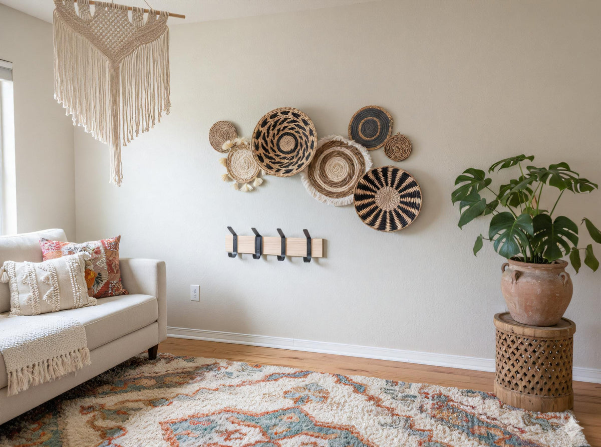 a living room with a white couch and a rug