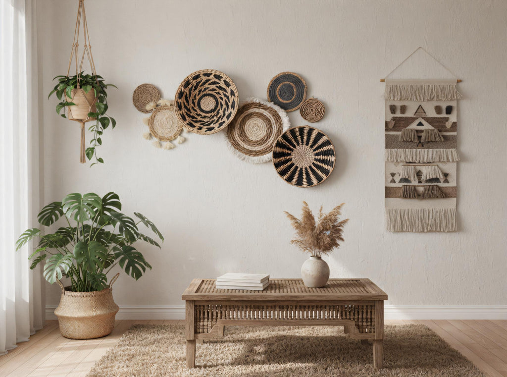 a cozy living room with a wooden coffee table, a hanging plant, and a woven basket. The room has a neutral color palette with a touch of natural elements, such as the woven baskets and potted plants.