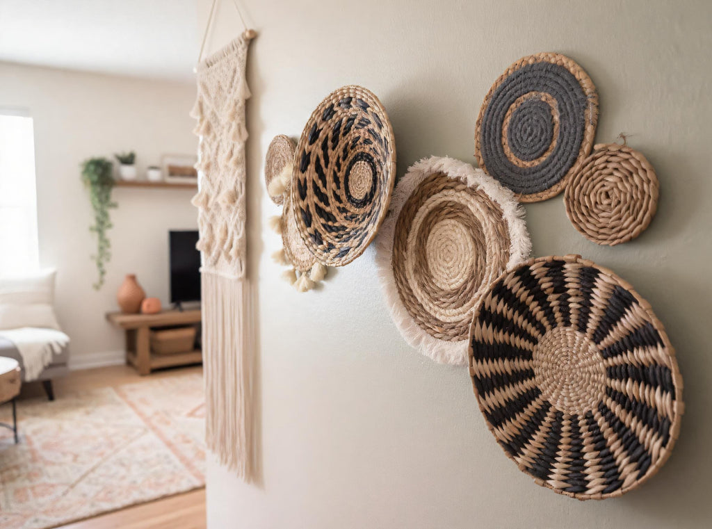 a wall adorned with various woven baskets and wall hangings, creating a visually appealing and eclectic display.