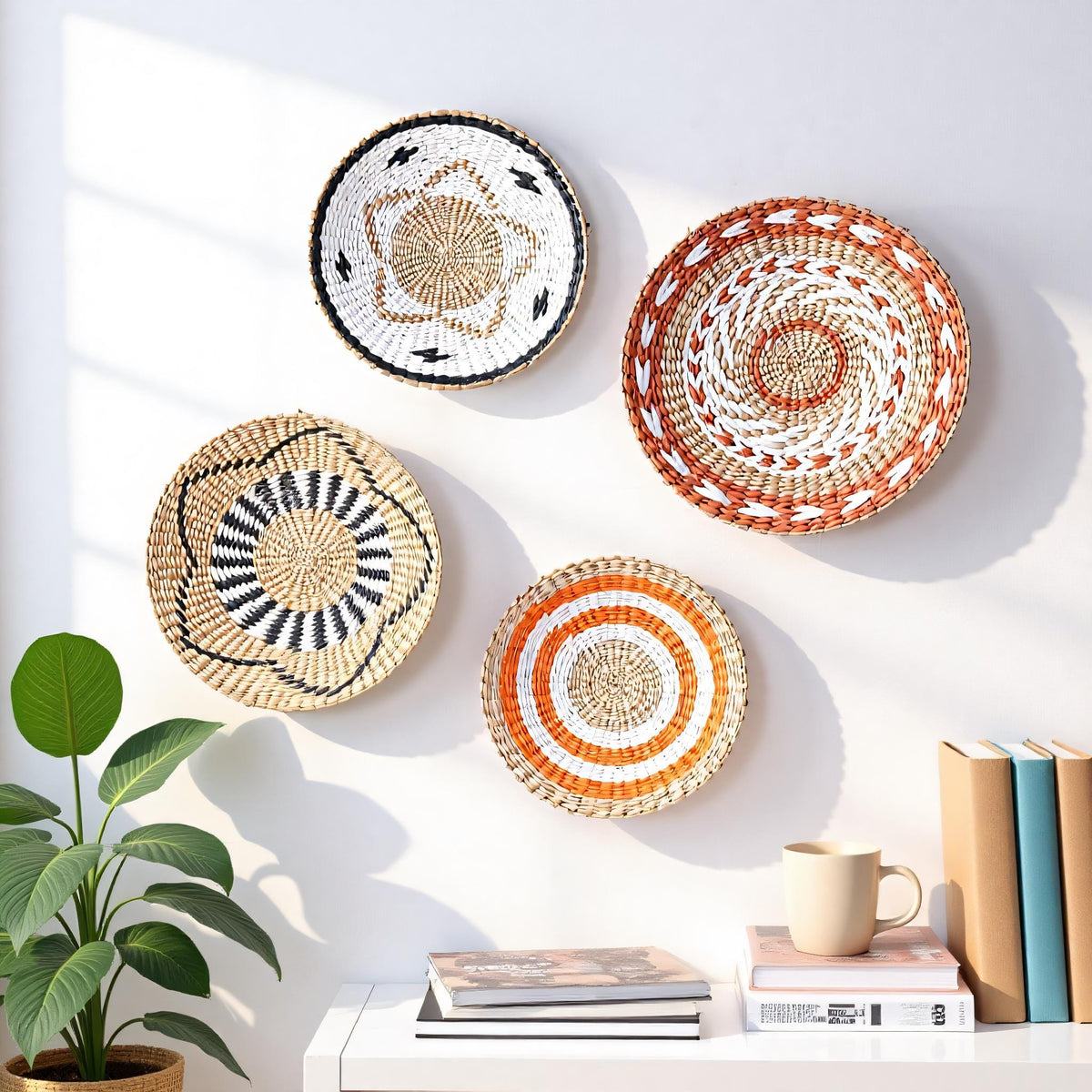 a white wall with four woven baskets of different colors and patterns, including black, white, orange, and red, hanging on it. Below the baskets, there is a white shelf holding books and a coffee cup. A potted plant is also present in the scene.