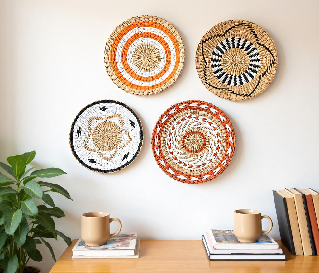 a wooden table with four decorative woven baskets hanging on the wall above it. On the table, there are two beige mugs and a stack of books.