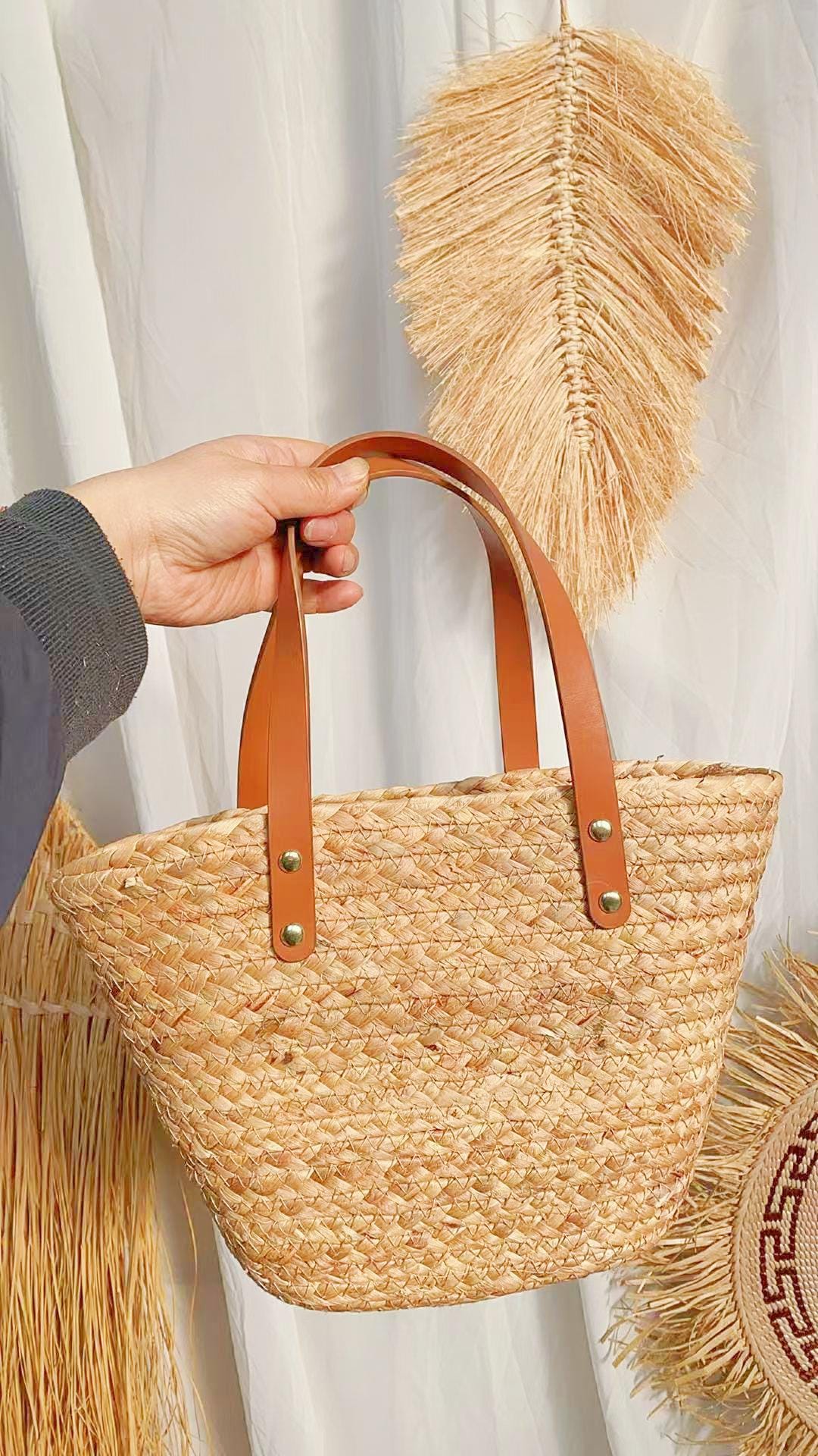 Bridesmaid Tote Bag, Handwoven Straw Bag with Leather Handles, Wedding Welcome Gift - view 3