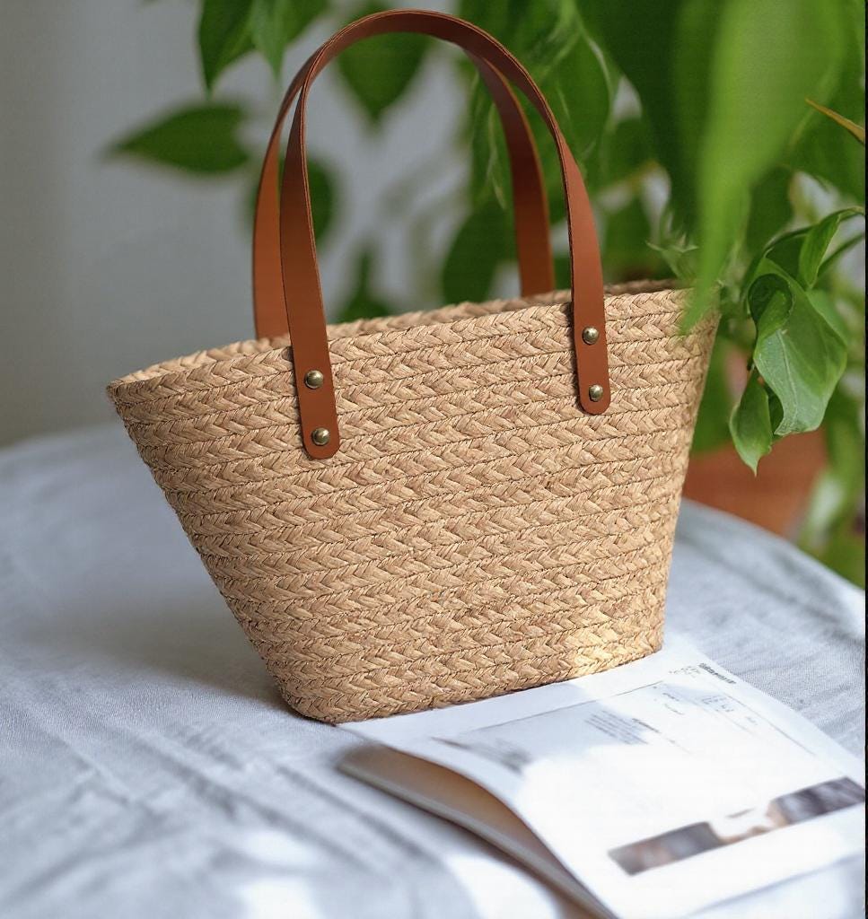 Bridesmaid Tote Bag, Handwoven Straw Bag with Leather Handles, Wedding Welcome Gift - view 6