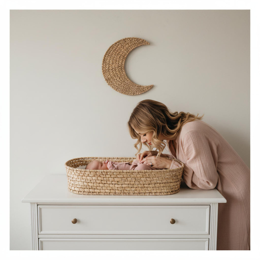 A woman tenderly interacting with a baby in a woven basket, with a crescent moon decoration on the wall behind them.