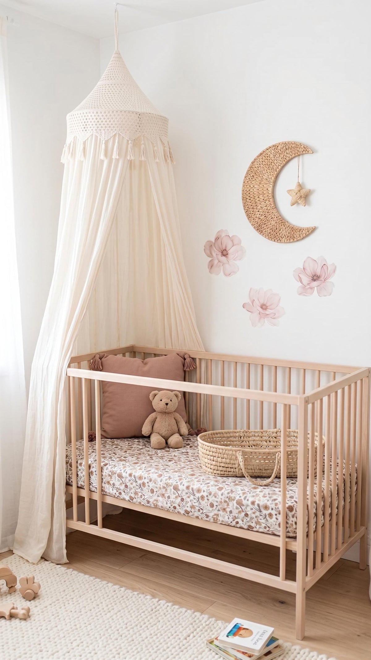 A cozy nursery with a wooden crib, a canopy bed, and a teddy bear. The room has a white color scheme and features a crescent moon decoration on the wall.