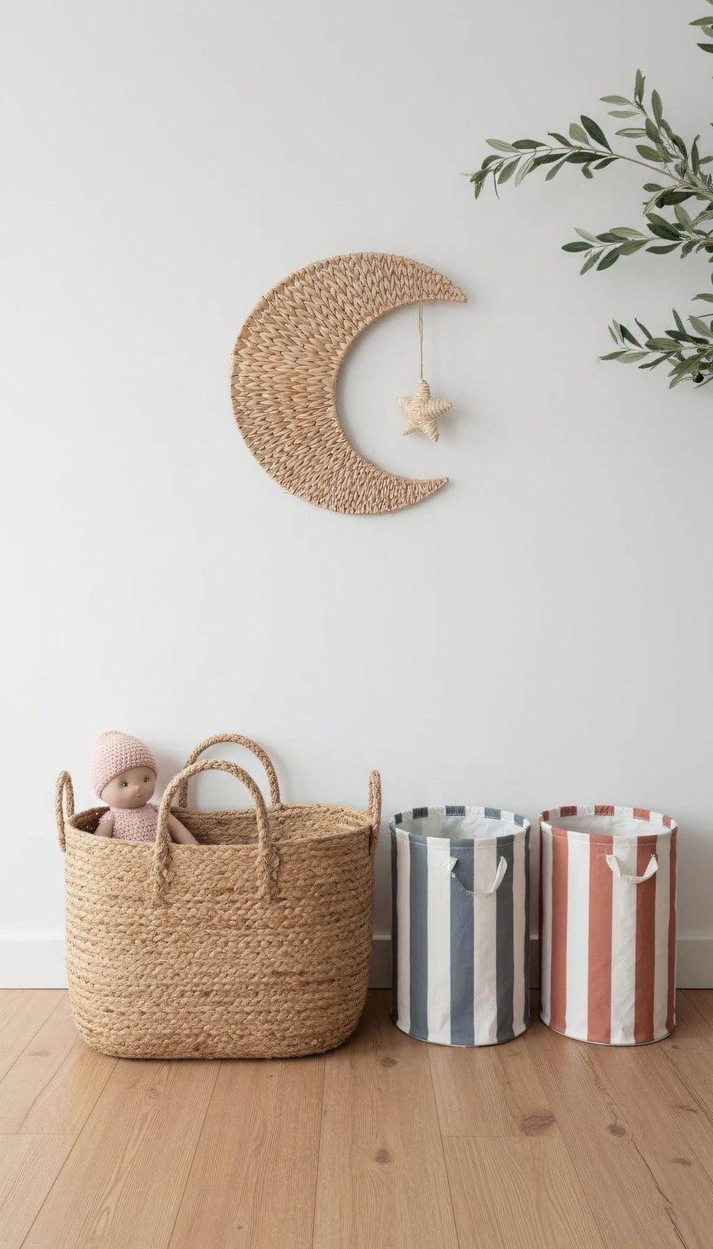 a cozy and charming nursery scene with a wooden floor, a woven basket, a striped storage bin, and a wall decoration with a crescent moon and star.