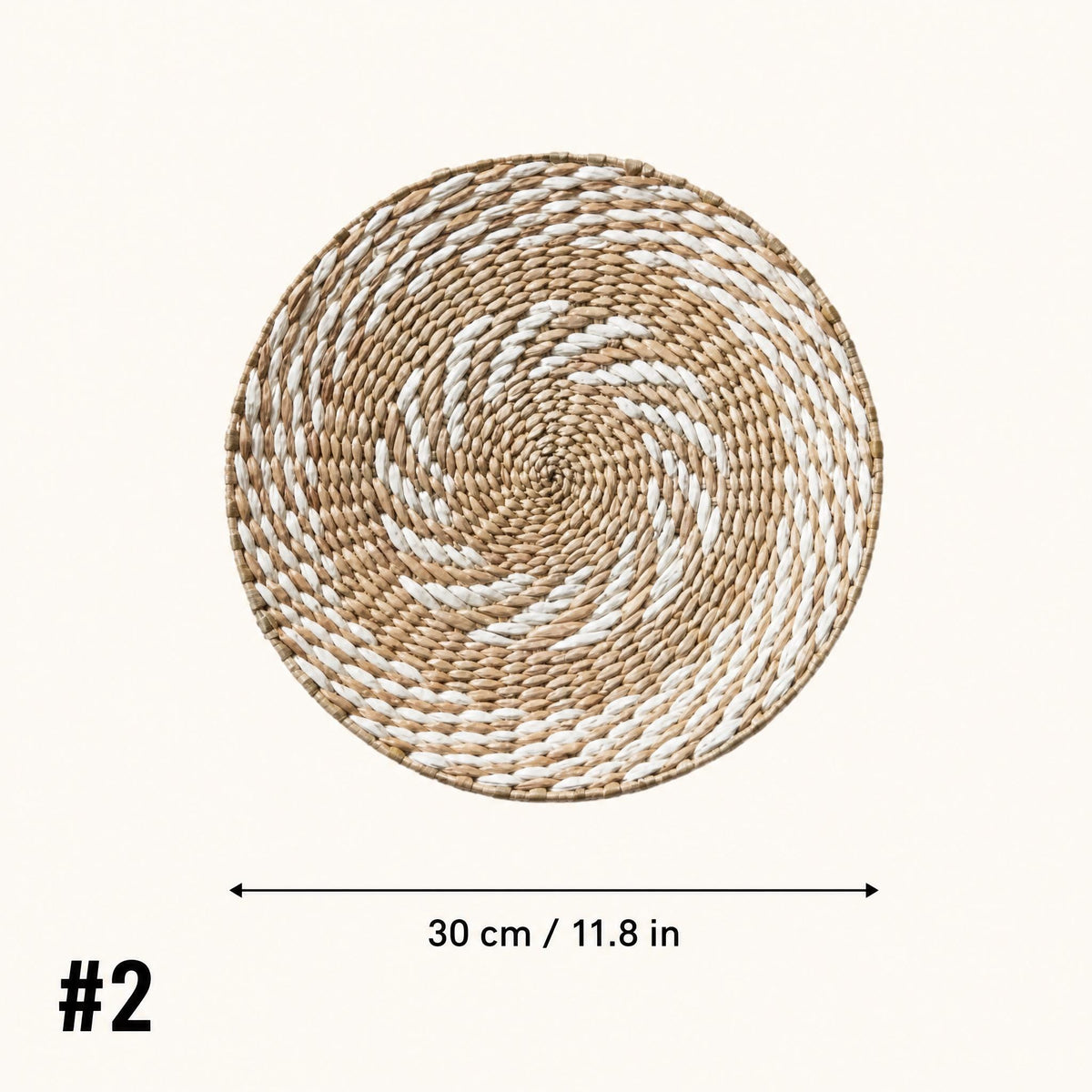 a woven basket with a spiral pattern, and it is approximately 30 cm (11.8 in) in diameter.