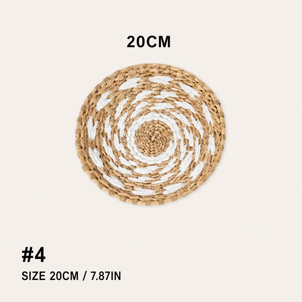 a woven basket with a spiral pattern, and it is 20cm in diameter.