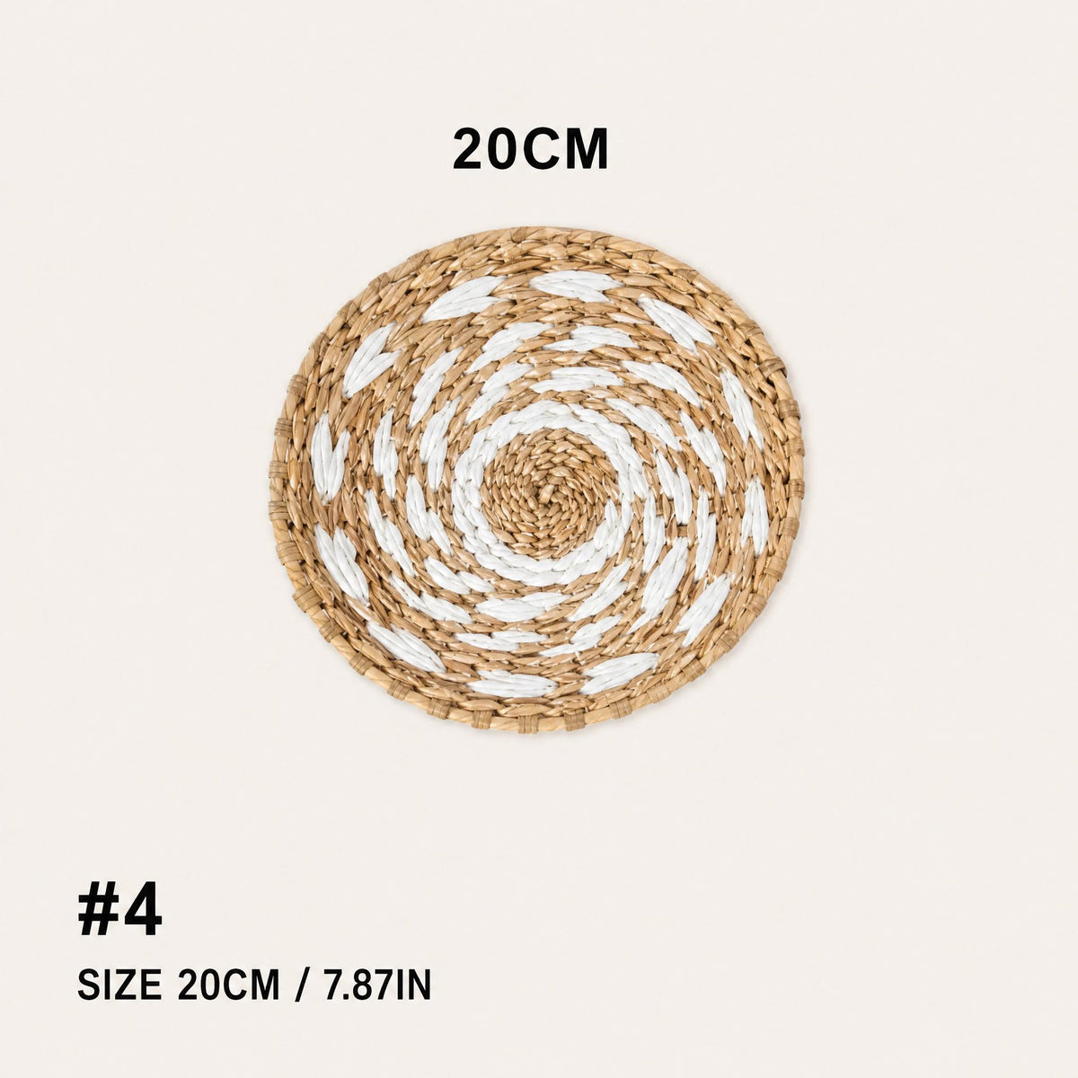 a woven basket with a spiral pattern, and it is 20cm in diameter.