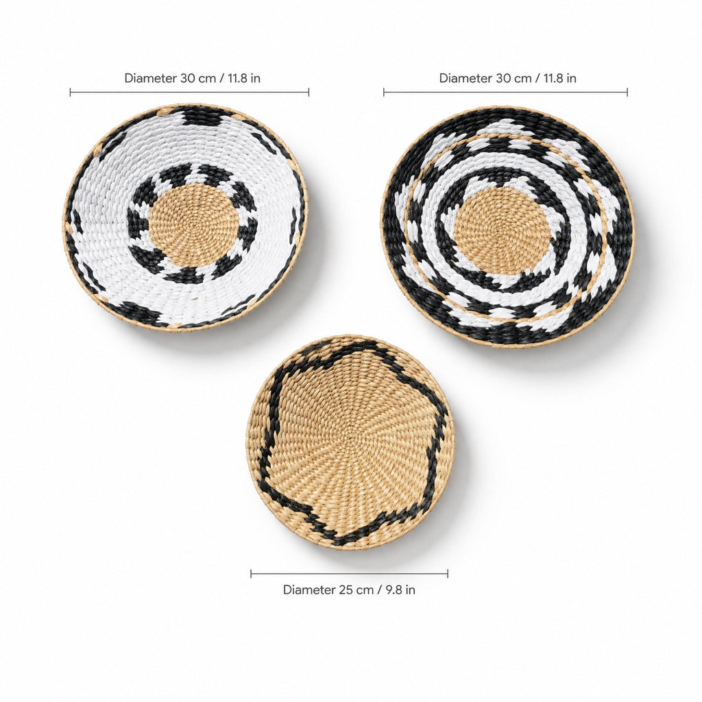 three woven baskets with different patterns and sizes, each labeled with their respective dimensions.