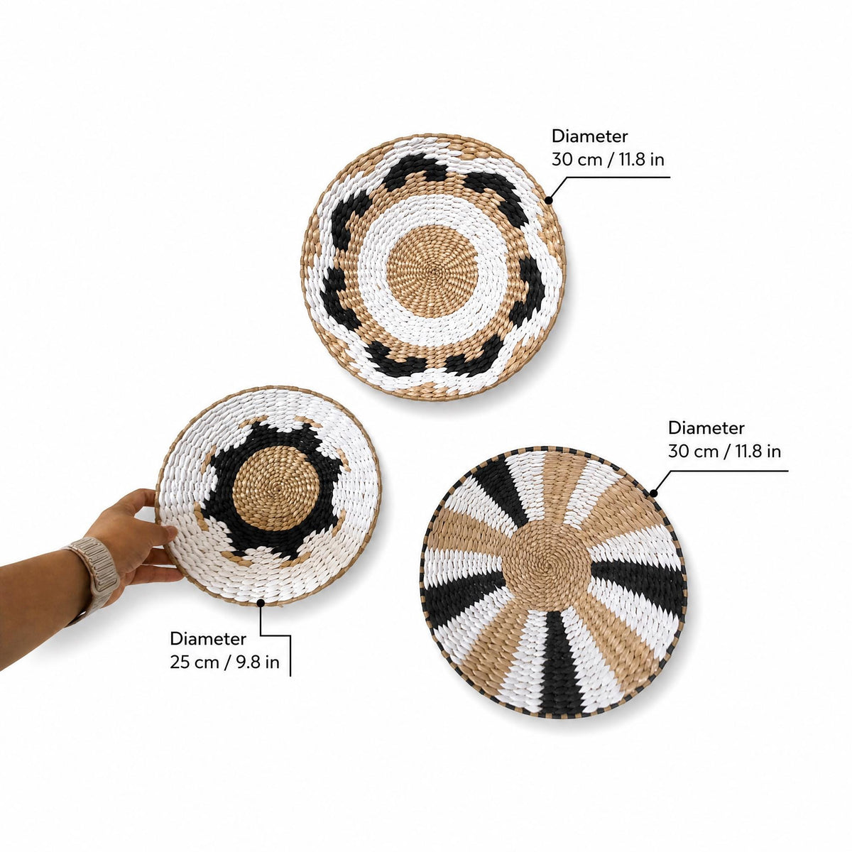 three woven baskets of different sizes and designs, with text indicating their dimensions.
