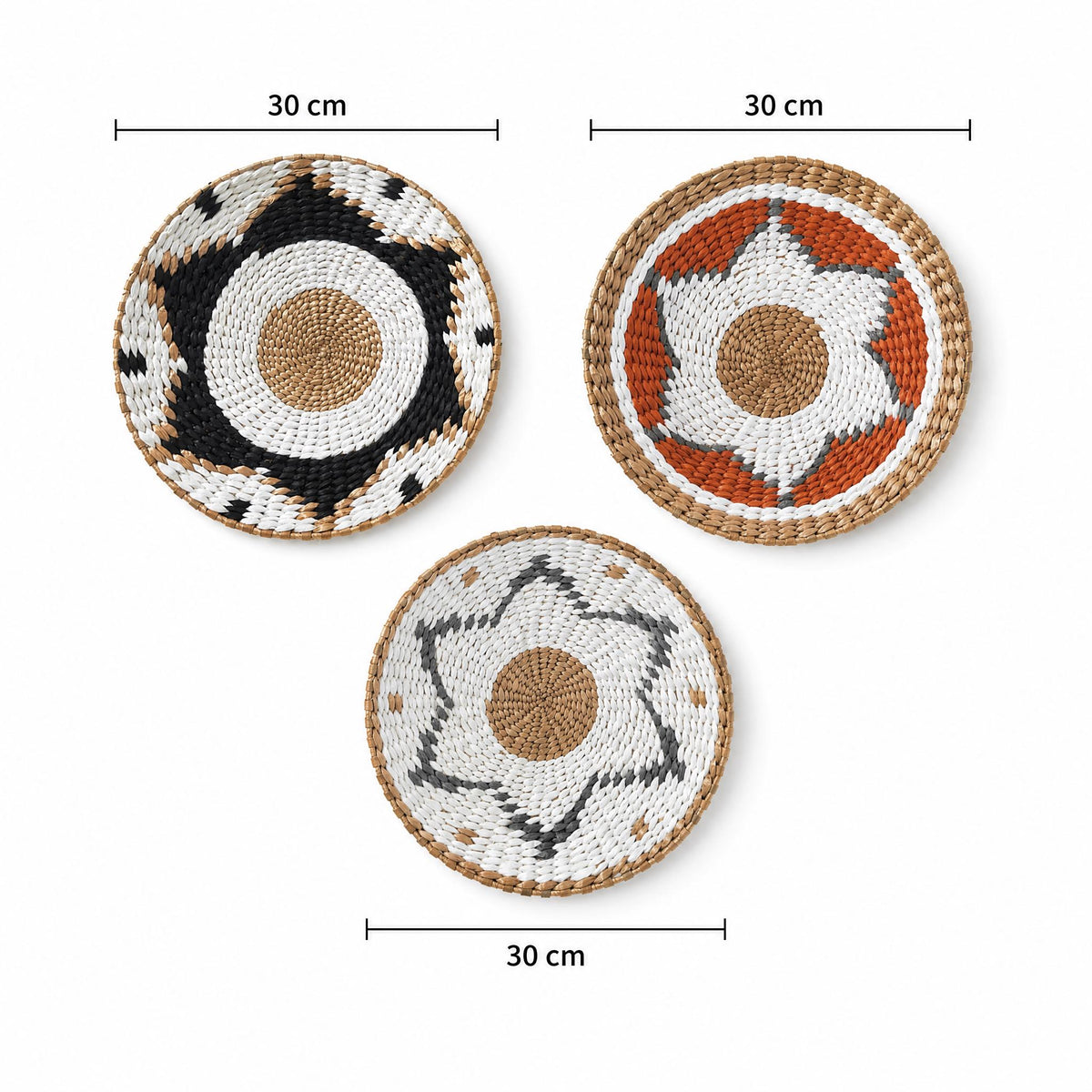 three woven baskets of different designs, each with a unique pattern and color scheme. The baskets are arranged side by side, with the largest basket on the left, the medium-sized basket in the middle, and the smallest basket on the right. Each basket has a label indicating its size, with the largest basket being 30 cm in diameter, the medium-sized basket being 30 cm in diameter, and the smallest basket being 30 cm in diameter.