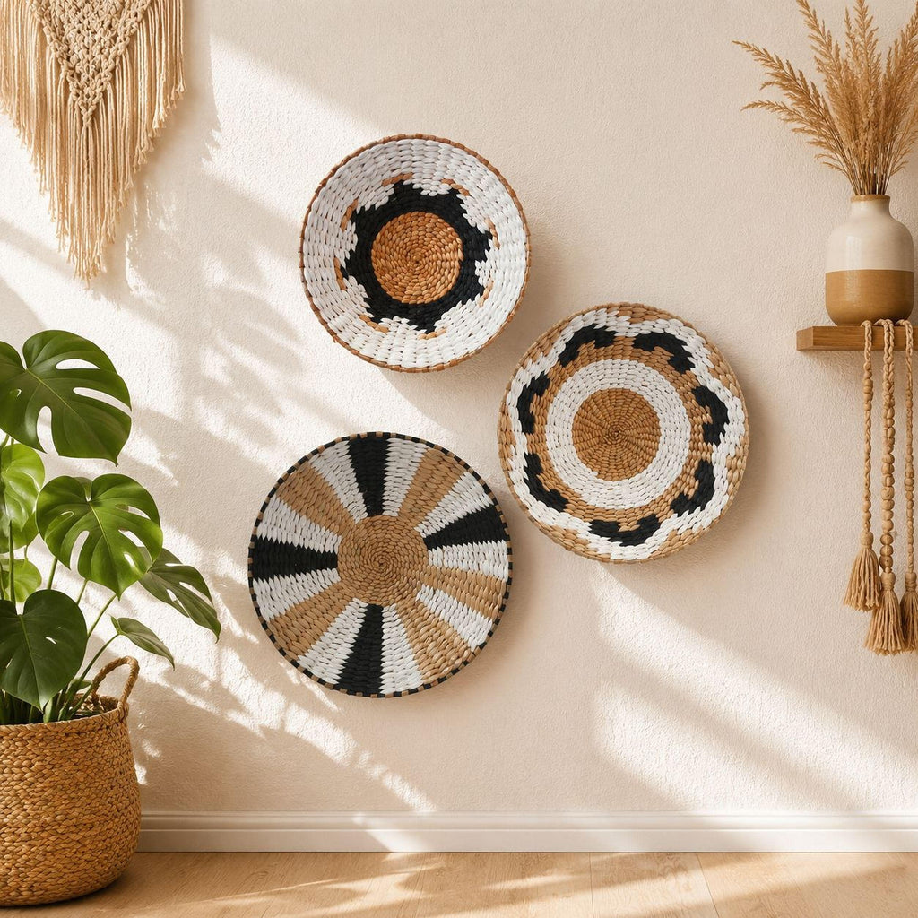 a wall adorned with three woven baskets, each with a unique design, creating a visually appealing and decorative display.