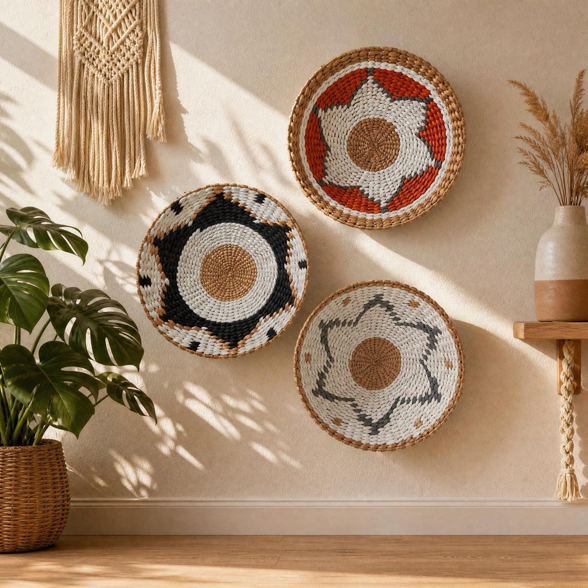 three decorative woven baskets hanging on a wall, with a potted plant and a vase on a shelf to the side.