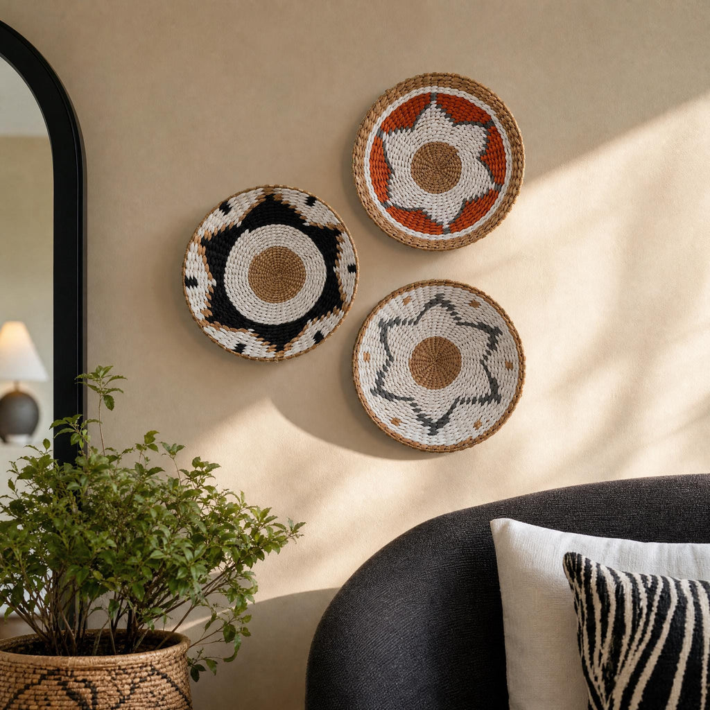 a cozy living room with a black sofa, a potted plant, and three decorative woven baskets on the wall.