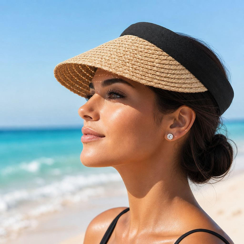 A woman wearing a straw hat and earrings stands on a beach, gazing out at the ocean.