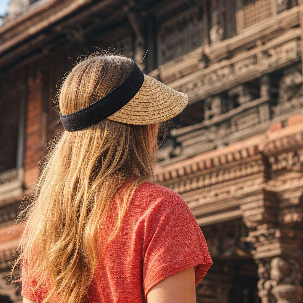 A woman with long blonde hair wearing a straw hat stands in front of a large, ornate building.