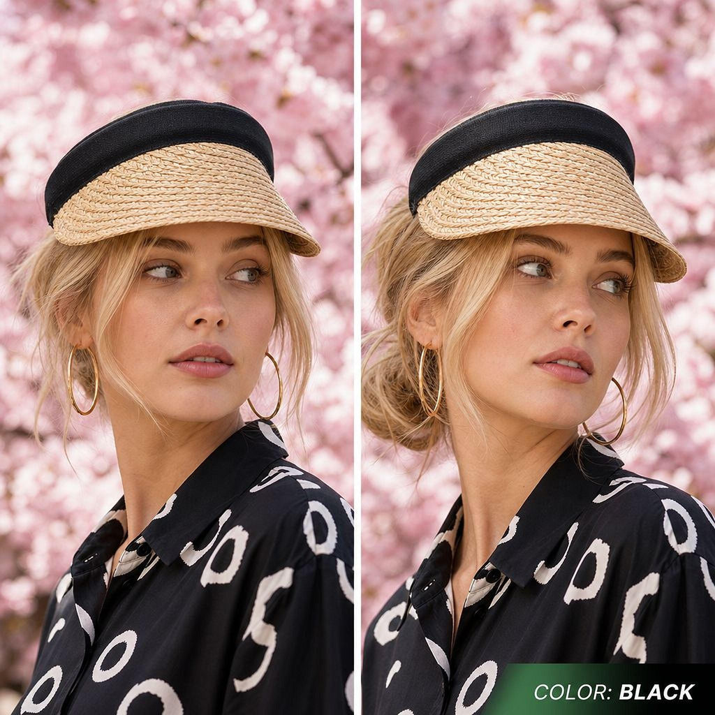 A woman wearing a black and white patterned shirt and a straw hat, with a pink background.