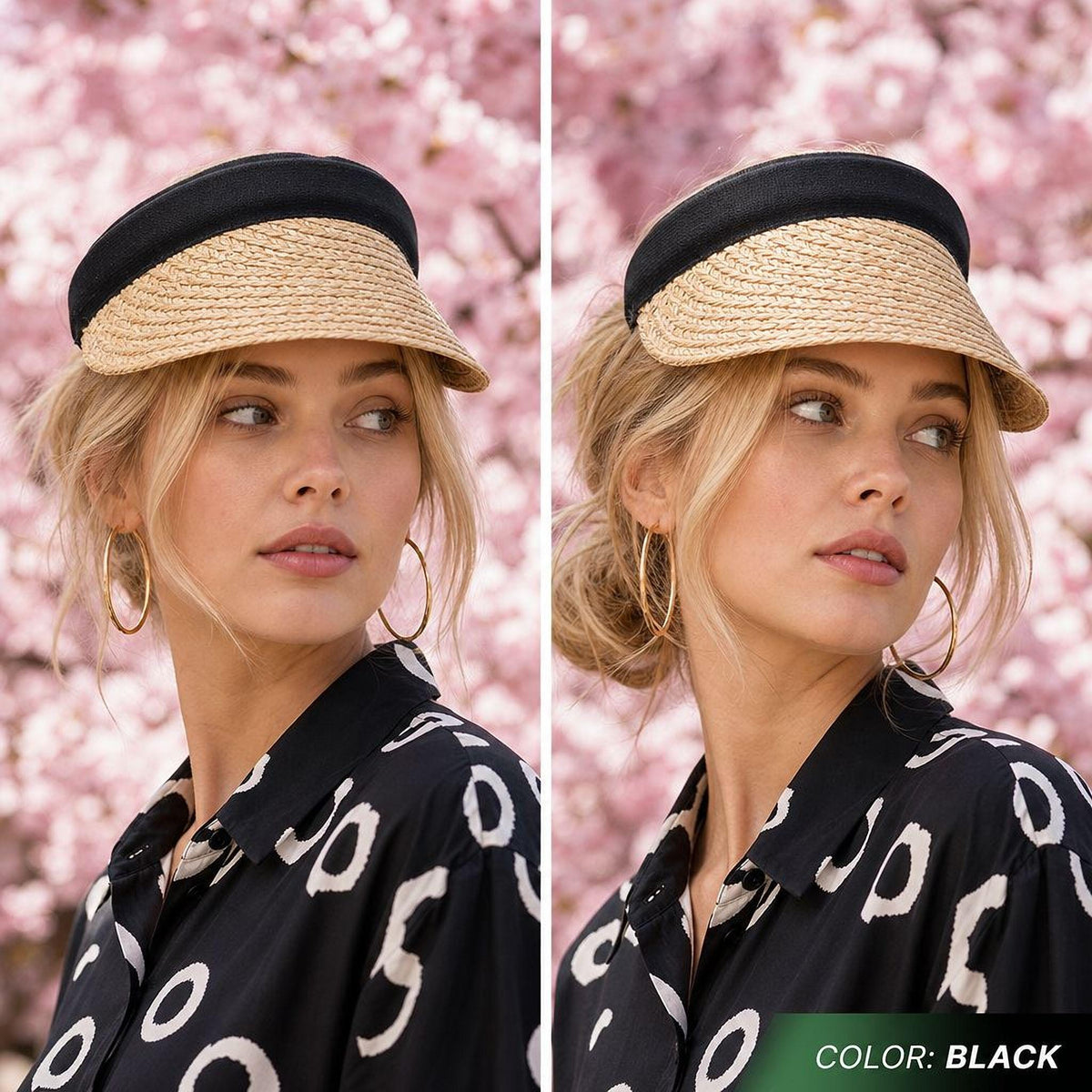 A woman wearing a black and white patterned shirt and a straw hat, with a pink background.