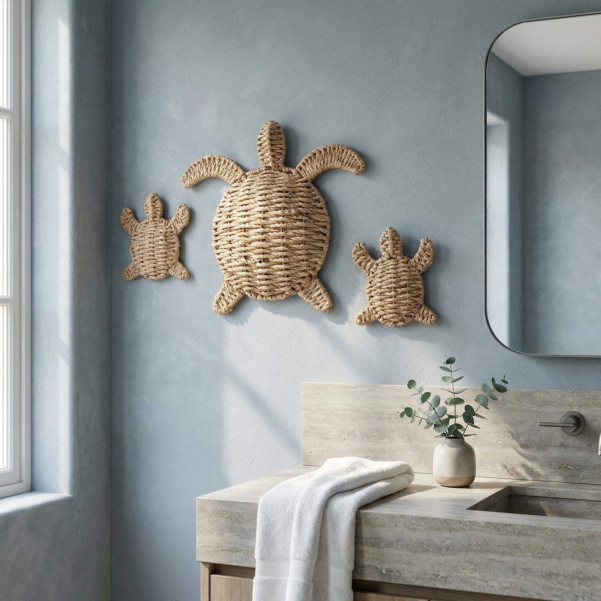 a bathroom with a sink, towel, and a decorative wicker turtle wall art piece.